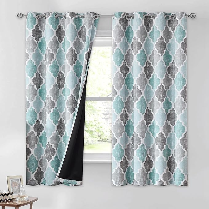 Beauoop 100% Blackout Curtains 63 Inches Long 2 Panels for Bedroom Living Room Aqua Grey Moroccan Geo Room Darkening Thermal Insulated Soundproof Grommet Top Window Treatments Drapes, 50x63 Set of 2