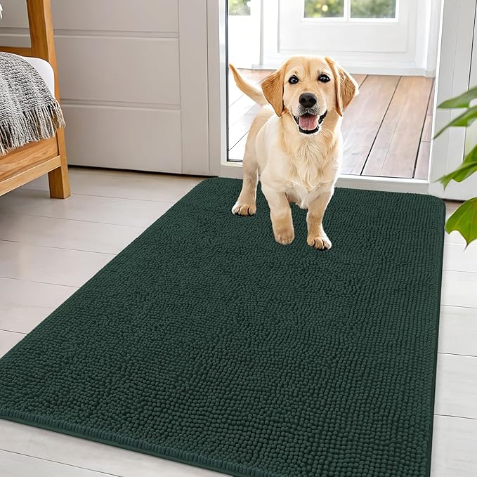 OLANLY Dog Door Mat for Muddy Paws 44x32, Absorbs Moisture and Dirt, Absorbent Non-Slip Washable Doormat, Quick Dry Chenille Mud Mat, Entry Indoor Entryway Carpet for Inside Floor, Blackish Green