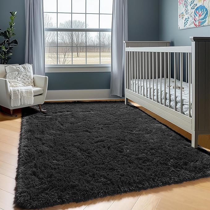 ONASAR Black Area Rugs for Living Room Bedroom, 5x8 Fluffy Shaggy Rug, Soft Plush Large Indoor Floor Carpet for Nursery Kids Girls Boys Teen Dorm Bedside Playroom Home Office Decor Aesthetic