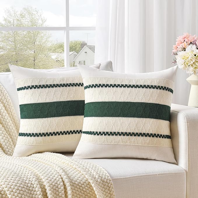 Fancy Homi Set of 1 Dark Green Boho Decorative Throw Pillow Covers 18x18 Inch for Couch Bed Sofa Bedroom Indoors, Modern Farmhouse Vintage Forest Green Living Room Decor