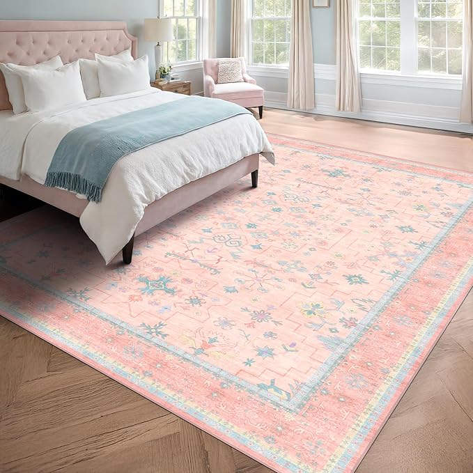 Washable Pink and Blue 6x8 Boho Rugs for Bedroom Girls, Living Room Kids Playroom Nursery Room, Modern Floral Distressed Design, Soft Low Pile Non Slip Stain Resistance Carpet