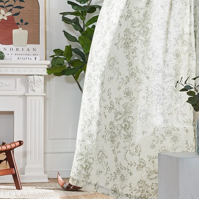jinchan Linen Floral Curtains 100 Inch Extra Wide for Patio Sliding Glass Door Room Divider Curtain for Living Room 108 Inch Length Farmhouse Peony Green Printed Curtain Set 1 Panel