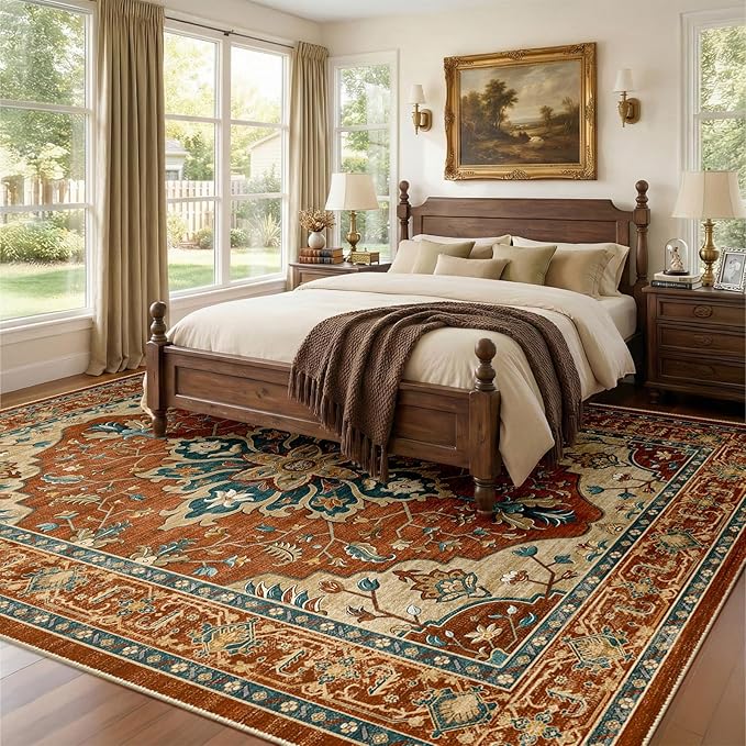 Area Rugs 8'x10' Washable Non-Slip, Floral Vintage Distress Print Pattern Medallion Carpet for Living Room Bedroom Dining Room, Red Orange Blue Brown