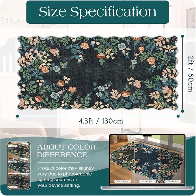 Front Door Mat Indoor Entrance - 2x4.3 Ft Black Floral Washable Layered Doormat Outdoor Entrance Porch Rug Non-Slip Boho Runner Rug for Kitchen Hallway Bedroom Laundry Room Porch Decor
