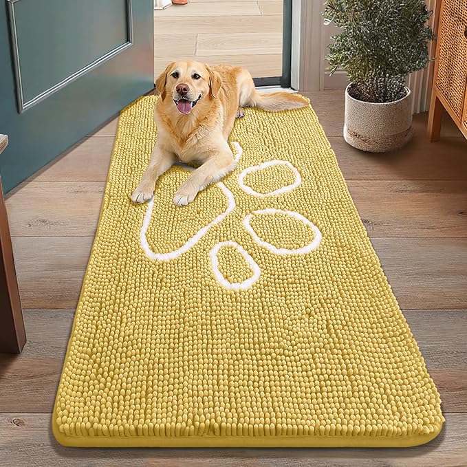 Smiry Dog Door Mat for Muddy Paws, Absorbent Dirt Trapper Non Slip Quick Dry Washable Chenille Mat for Mud Dogs, Entry Rug for Indoor and Outdoor (48x30 Inches, Yellow and White)