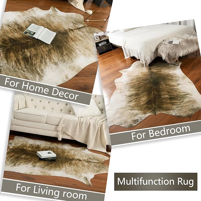 AROGAN Western Decor Faux Fur Cowhide Rug, 7 x 6.2 Feet Premium Animal Skin Cow Hide Rug, Durable Cow Print Rugs for Wall Decor, Western Floor Carpet for Bedroom Living Room, Brownish