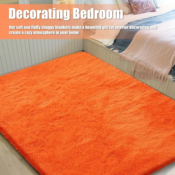 Shag Area Rug for Bedroom 3x5,Orange Fluffy Area Rugs for Living Room,Soft Fuzzy Rug Non-Shedding Indoor Plush Carpet for Kids Bedroom Nursery Dorm Home Decor