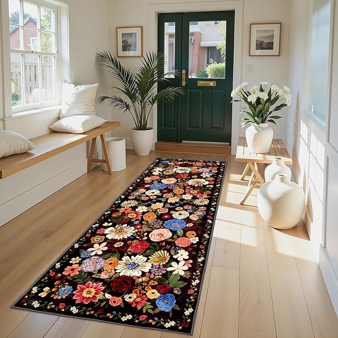 Black/Brown Rug for Hallways Kitchen Rug 2x8, Non Slip Washable Rugs with Rubber Backing Soft Floral Carpet Runner for Hallways, Kitchen, Laundry, Bedroom, Bathroom (2 x 8, Black/Brown)