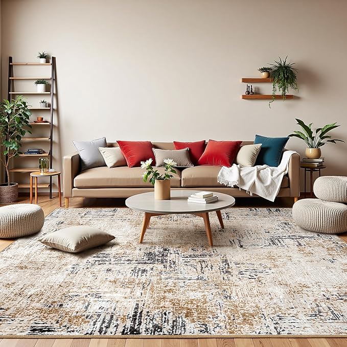 Rugflix 8x10 Washable Area Rugs, Neutral Boho Carpet Living Room Rug Non Slip Stain Resistant, Large Area Rug for Indoor Bedroom Dining Room Office, Brown