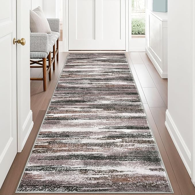 Lansny Modern Abstract Runner Rug 3x8, Dark Light Brown White Washable Kitchen Runner Non-Slip Soft Hallway Rug Runner Thin Print Faux Wool Carpet for Entryway Bedroom Laundry Room Indoor
