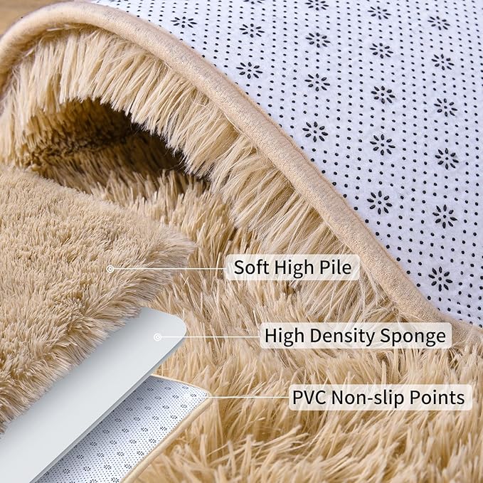 Soft Runner Rugs for Bedroom Hallways, 2x6 Beige Fluffy Shag Throw Area Rug Non Slip for Bedside Dorm, Long Shaggy Furry Carpet for Nursery Living Room