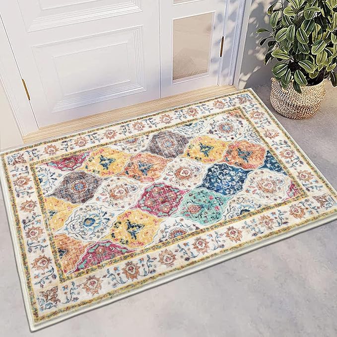 HEBE Washable Area Rug - 2'x3' Non Slip Soft Distressed Medallion Bedroom Boho Living Room Accent Throw Vintage Entry Floor Carpet for Dining Room Bathroom Entryway