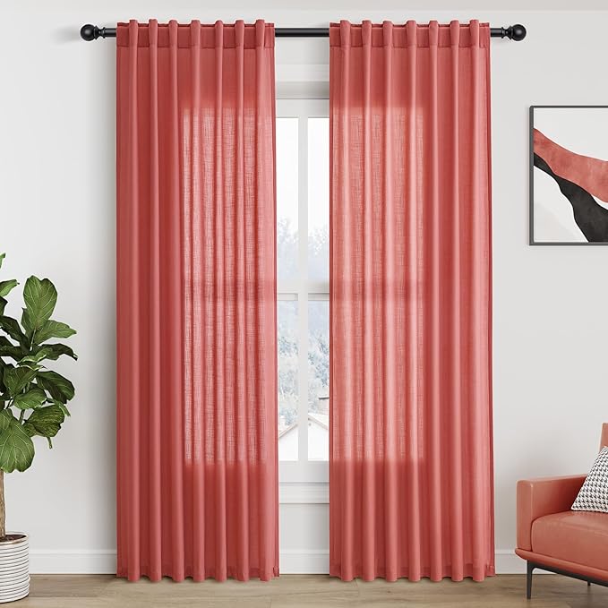 Nanspring Watermelon Red Linen Curtains 84 Inch Length 2 Panels Set, Back Tab Rod Pocket Light Filtering Privacy Semi Sheer Textured Curtains Neutral Farmhouse Decor Curtain for Living Room Bedroom