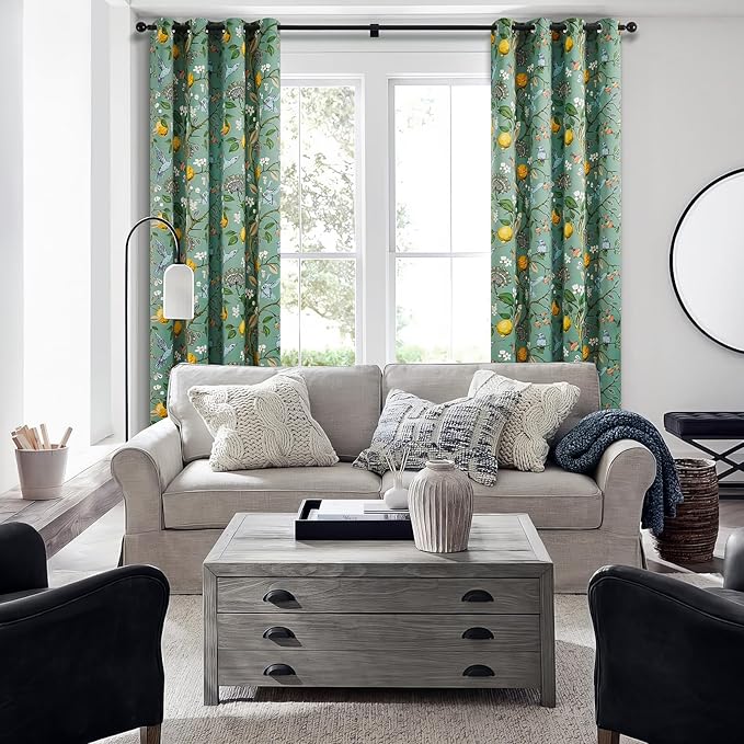 Topfinel 94 Inches Long Custom Curtains, Unique Cottagecore Whimsical Vintage Pretty Fun Floral Hummingbird Patterned Double Sided Grommet Green Print Drapes Two Pages for Bedroom Living Room Dining