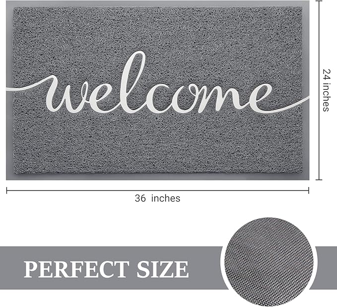 BeneathYourFeet Door Mat, Welcome Mat Low Profile Floor Mat Front Doormat Indoor and Outdoor Doormat Non Slip Rugs for Entryway, Patio, High Traffic Areas (36"x24", Grey-Welcome)
