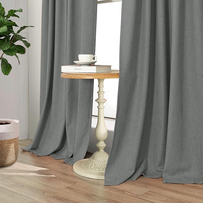 Dark Grey Curtains 108 Inches Long 2 Panels Set for High Ceiling Window Linen Textured Blackout Drapes for Living Room Bedroom Modern Farmhouse Black Out Curtains 9 FT Foot Length Slate Charcoal Gray