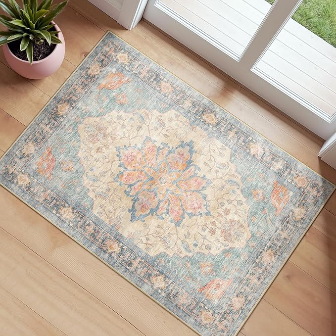 RELEANY Area Rugs 2'x3' Kitchen Rugs Entry Rug Small Rugs for Entryway Kitchen Bathroom Door Mat Indoor Entrance,Washable Non Slip, Blue Orange Red