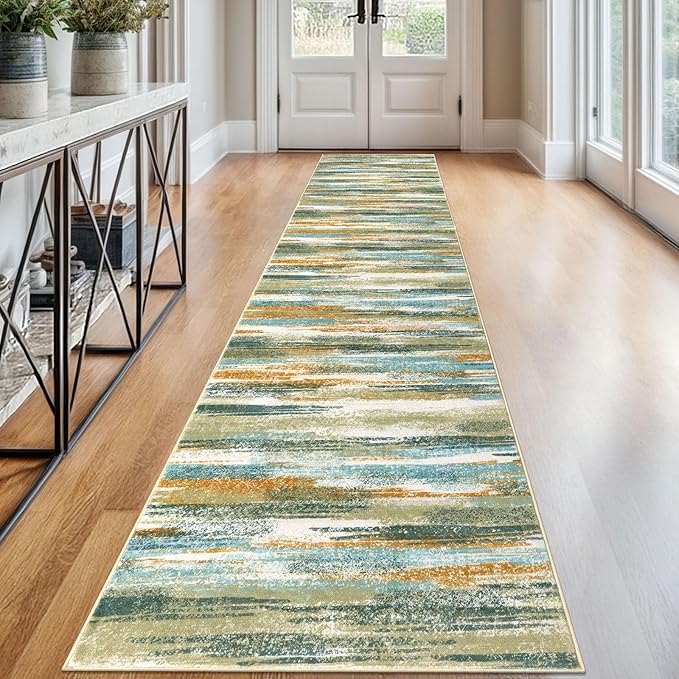 Lansny Modern Abstract Runner Rug 2.6x12, Green Mustard Multi Washable Long Kitchen Runner Non-Slip Soft Hallway Rug Runner Thin Print Faux Wool Carpet for Entryway Bedroom Laundry Room Indoor
