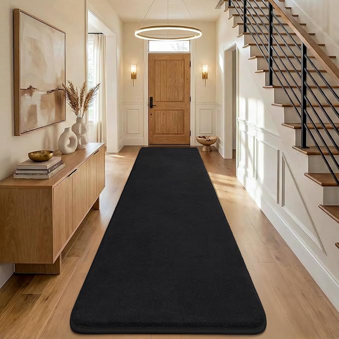 Amearea Modern Soft Hallway Runner Rug, 3x10 Feet Washable Long Runner Rugs for Hallway, Black Fluffy Bedroom Bedside Rugs, Non Slip Memory Foam Rug Carpet for Entrance Kitchen Living Room Home Decor