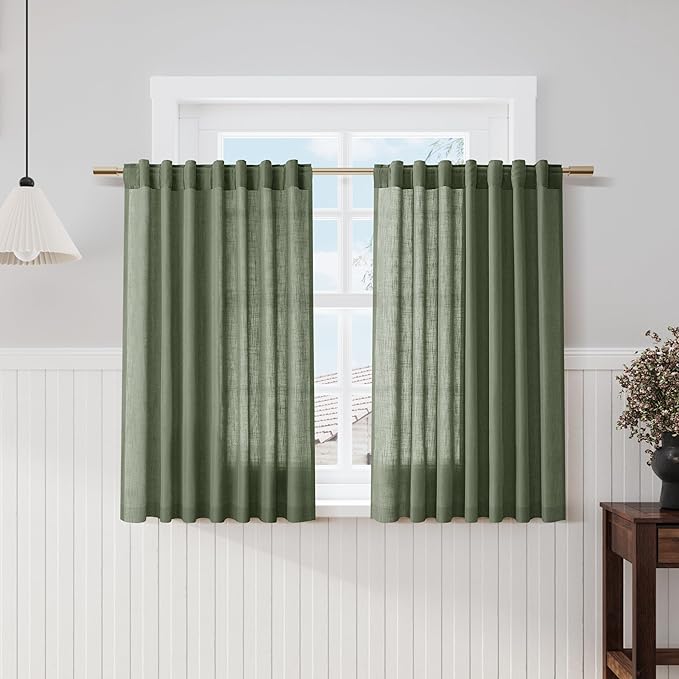 Olive Green Kitchen Cafe Curtains 45 Inch Length 2 Panel Set Back Tab Rod Pocket Semi Sheer Light Filtering Short Curtain Farmhosue Small Curtains for Basement Window Bathroom Living Room 52x45