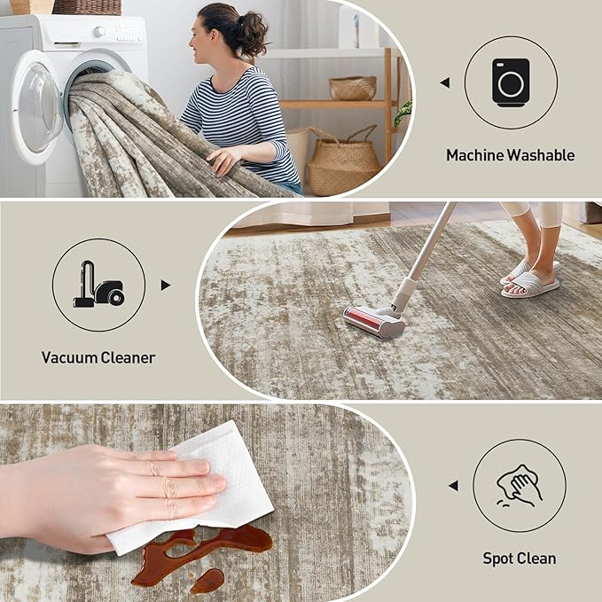 9x12 Area Rugs Washable Rug: Modern Abstract Living Room Rug Soft Anti-Skid Thin Carpet Indoor Floor Non-Shedding Carpets for Bedroom Dining Room Farmhouse Nursery Home Office Brown White