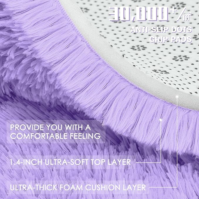 OLANLY Light Purple Round Rugs for Bedroom - Machine Washable, 2 ft Circle Area Rugs for Living Room, Soft and Fluffy Shaggy Carpet for Teen Girls and Boys, Nursery Rooms, Dorms, Home Decor Aesthetic