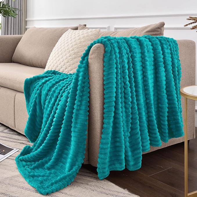 BEDELITE Fleece Throw Blanket for Couch – 3D Ribbed Jacquard Soft and Warm Decorative Fuzzy Blanket – Cozy, Fluffy, Plush Lightweight Blue Throw Blankets for Bed, Sofa, 50x60 inches