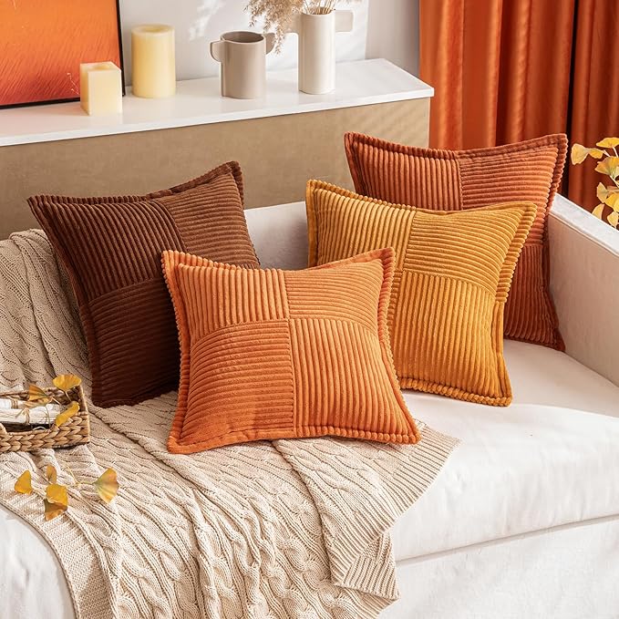 MIULEE Orange Decorative Throw Pillow Covers for Couch Bed Livingroom 16x16 Inch Set of 2 Boho Accent Throw Pllows Broadside Striped Patchwork Soft Corduroy Pillowcases