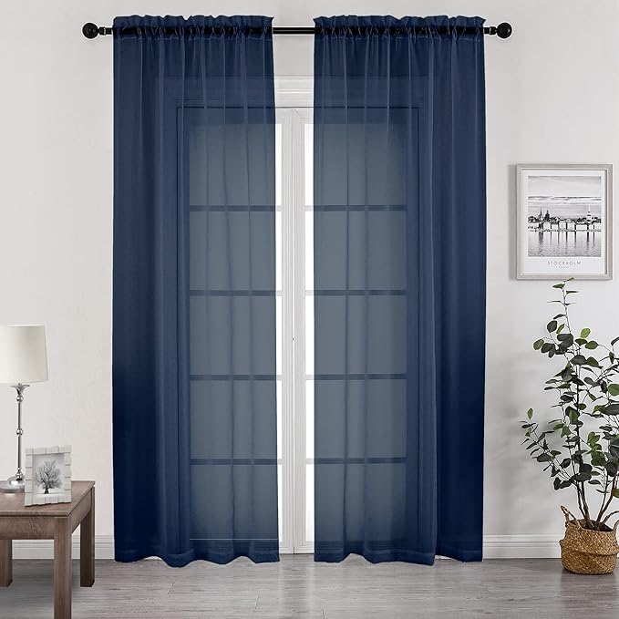 Chyhomenyc Sheer Curtains Extra Long 96 inch 2 PCS- Casual Style Airy & Breathable with Amount Light Sheer Panels for Patio/Glass Door (1 Pair Set=Total 84 inches Wide, Each W42 x L96, Navy Blue)