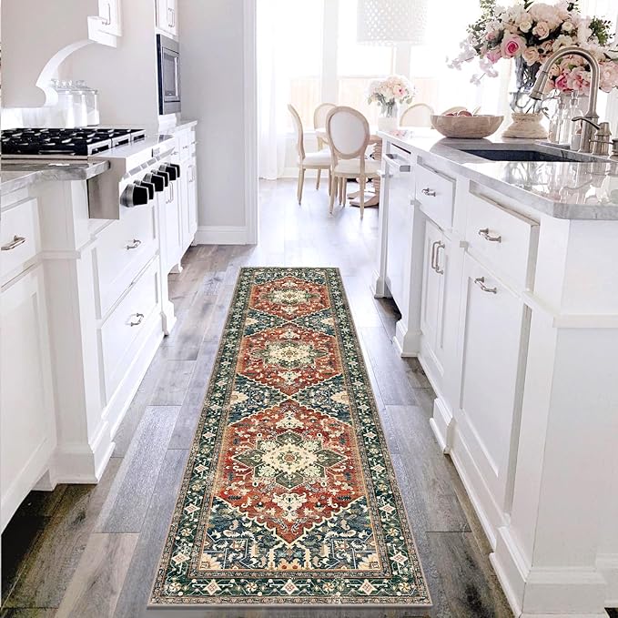 Yamaziot Washable Runner Rug, 2x8 Non-Slip Boho Vintage Hallway Rug Runner with Rubber Backing, Stain Resistant & Low Pile Faux Wool Distressed Carpet Runner for Kitchen, Laundry, Entrance, Brick Red