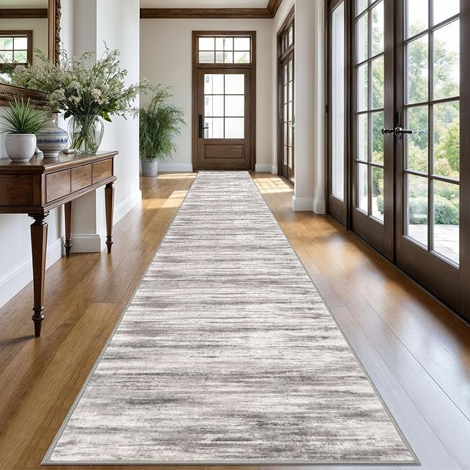 KOZYFLY Modern Abstract Washable Long Runner Rug 2.6x20 Hallway Rug Runner Non-Slip Soft Stair Runner Rugs, Grey/Light Beige/Brown Striped Carpet for Kitchen Entryway Bathroom