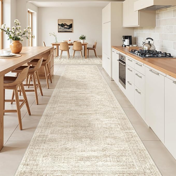 Washable Runner Rug 2.5x16, Non-Slip Long Hallway Runner for Entryway, Soft Vintage Kitchen Mats for Floor, Abstract Dining Room, Bedroom, Living Room Rugs(2.5'x16', Beige/Ivory)