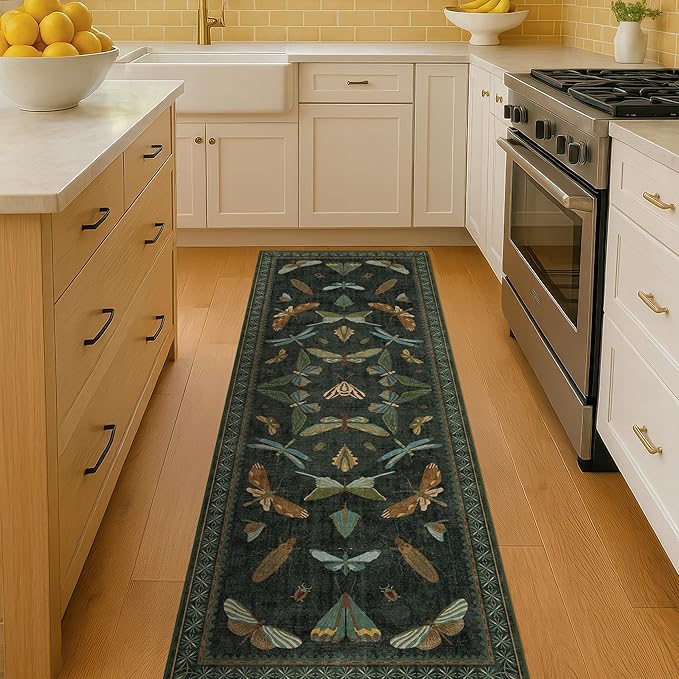Hazo Haus Washable Insect 2x6 Runner Rug for Hallway- Stain Resistant Kitchen Runners, Floral Whimsical Indoor Floor Mat for Bathroom, Soft Non Slip with Rubber Backed, Dark Green