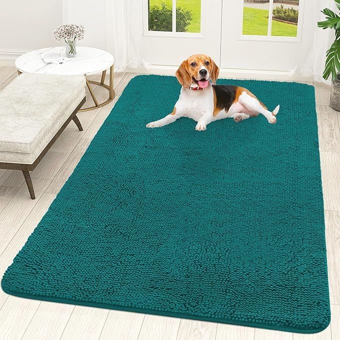 OLANLY Dog Door Mat for Muddy Paws 59x35, Absorbs Moisture and Dirt, Absorbent Non-Slip Washable Doormat, Quick Dry Chenille Mud Mat for Dogs, Entry Indoor Entryway Carpet for Inside Floor, Lake Blue