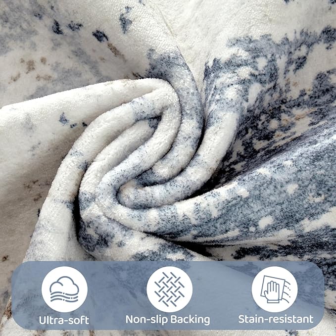UERMEI 8x10 Area Rug Living Room Rugs Thickened - Washable Neutral Modern Abstract Soft Rug Indoor Floor No Slip Rug Carpet for Bedroom Under Dining Table Home Office Decor - Denim Blue