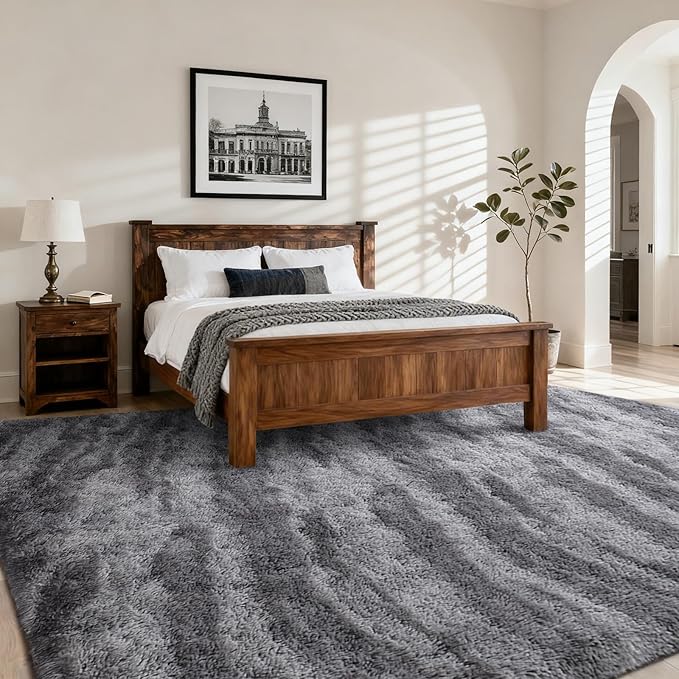 Area Rugs for Living Room, Tie-Dyed 5x7 Feet Soft Fluffy Shagg Plush Rug High Pile Large Indoor Modern Non-Slip Floor Carpet for Bedroom Nursery Kids Home Room Dorm Decor Aesthetic Grey
