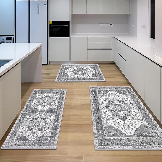 HEBE Boho Kitchen Rug Sets 3 Piece with Runner Non Slip Kitchen Rugs and Mats Washable Kitchen Mats for Floor Thick Kitchen Floor Mat Carpet Runner Rugs for Hallway Laundry Holiday Decor