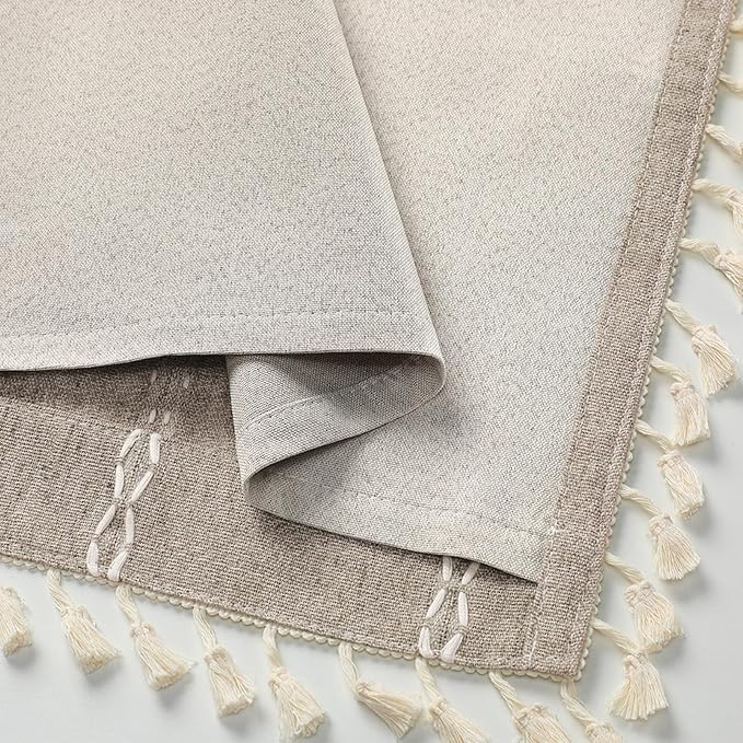 Boho Blackout Curtains 90 Inches Long Brown Linen Blend 2 Panels with Tassels and Cotton Embroidery, Farmhouse Vintage Rustic Rod Pocket Drapes for Living Room or Bedroom