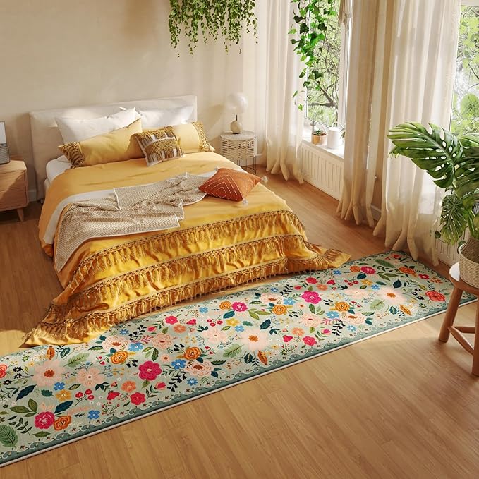 Rugcomf Runners for Hallways Kitchen Runner Rug Non Slip 2'x 10' Long Washable Rugs with Rubber Backing Soft Floral Carpet Runner for Hallways, Kitchen, Laundry, Bedroom, Bathroom(Green)