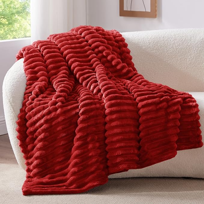 BEDELITE Fleece Throw Blanket for Couch - 300GSM Soft & Warm Fluffy Burgundy Blanket, Decorative and Giftable Striped Blankets for Women, Men, 50"x60"