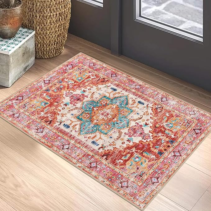 Yamaziot Washable Area Rug, 2x3 Small Entryway Rug Non-Slip Boho Vintage Rug with Rubber Backing, Low Pile Faux Wool Distressed Floor Carpet for Indoor Door Mat, Kitchen, Laundry (Pink)