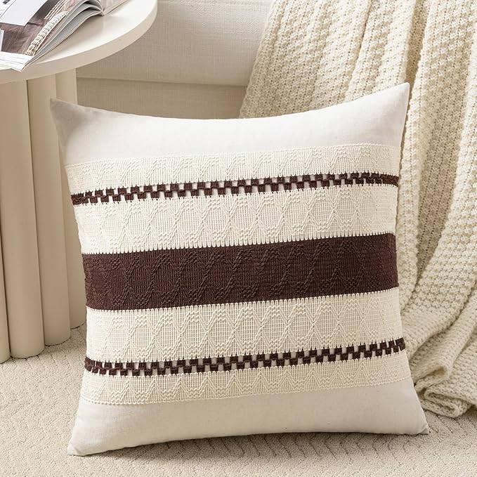 Fancy Homi Set of 1 Boho Brown Decorative Throw Pillow Cover 18x18 Inch for Couch Bed Sofa, Aesthetic Modern Organic Farmhouse Home Decor, Soft Cotton Cute Accent Macrame Woven Cushion Case