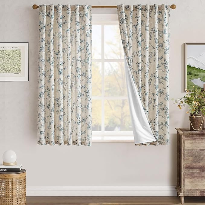 jinchan Floral Curtains Lined Linen Blend Curtain for Living Room 63 Inch Length Blue Flower Patterned Curtain French Country Farmhouse Curtains Drapes Back Tab Rod Pocket 2 Panels
