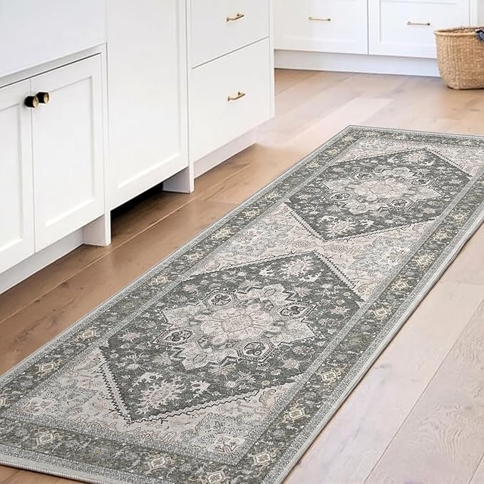 OPPODREAM Soft Entryway Rug 2x6, 2x6 Rug Runner, Washable Hallways Carpet 2 x 6 with Non Slip Backing, Low-Pile Bedside Carpet 2 x 6, Long, Faux Cashmere, Greenish Grey