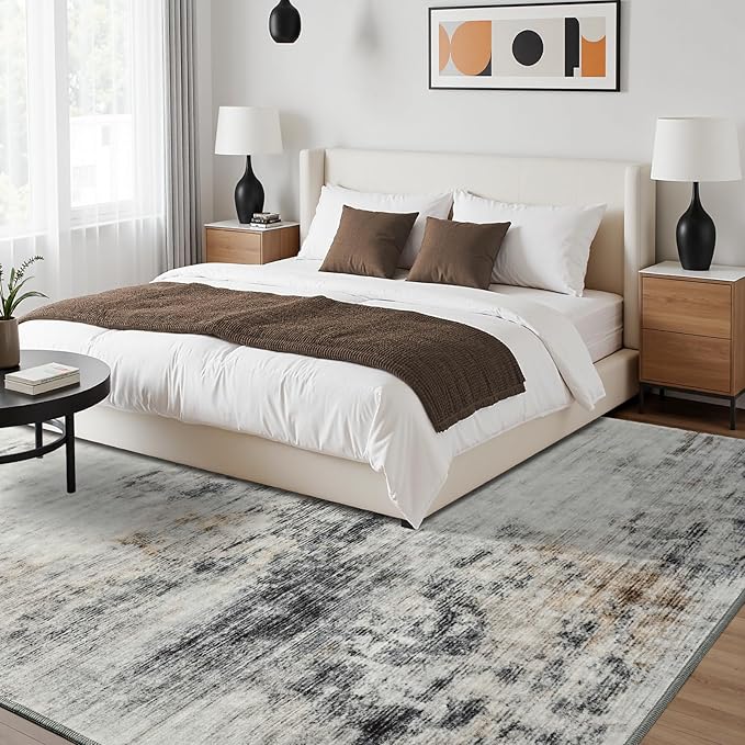 Toneed Abstract Area Rug Modern Washable Rug Soft Non Slip Rug Low Pile for Bedroom Living Room Dining Room Grey/Brown 3x5 Feet