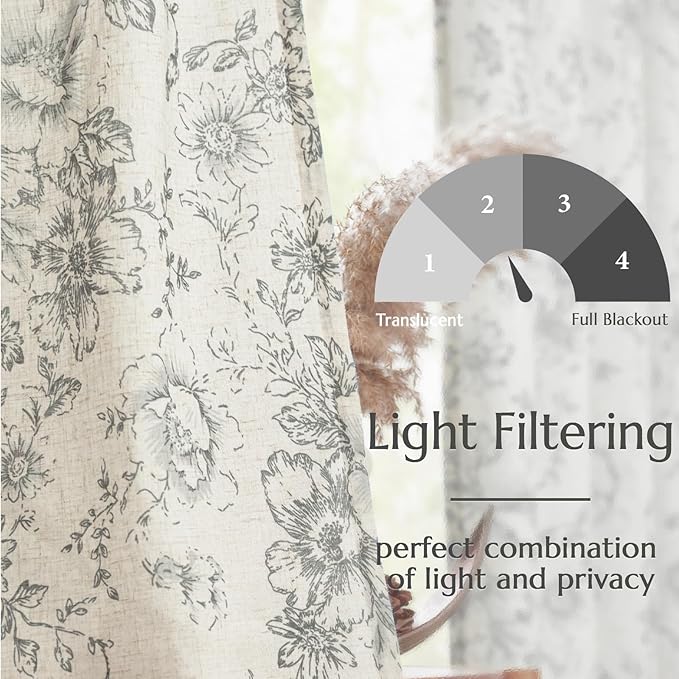 jinchan Lined Linen Blend Curtain Floral Curtains for Living Room 96 Inches Long Grey Peony Flower Printed Curtain Back Tab Farmhouse Patterned Drapes Bedroom Window Curtains Set 2 Panels