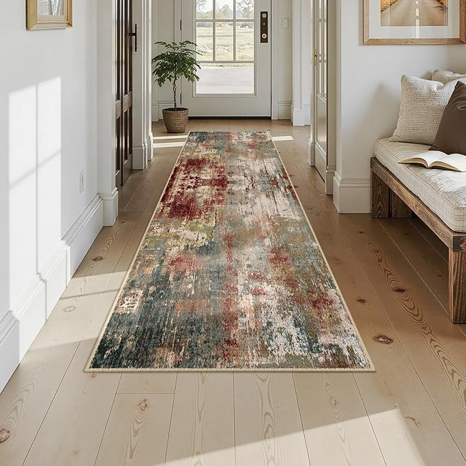 Washable Area Rugs 2'6''x10 Non-Slip Modern Abstract Soft for Living Room Entryway Bedroom Nursery, Print Pattern, Brown Rust Red Green Blue Multi