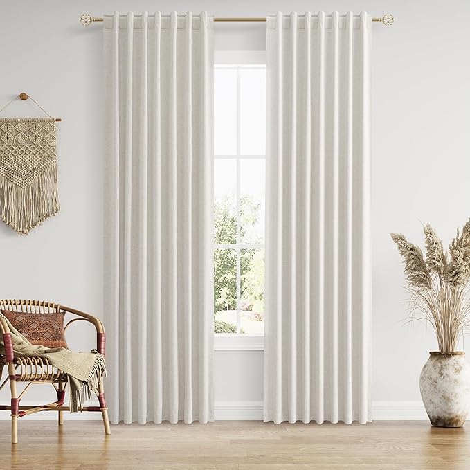Guken 90 Inch Long Boho 100% Blackout Linen Curtains for Living Room Back Tab Rod Pocket Room Darkening Thermal Insulated Drapes for Bedroom Black Out Window Curtain 2 Panels, 52x90