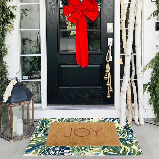 Front Door Mat Outside Entrance - 2x3 Boho Non-Slip Washable Spring Doormat Indoor Outdoor Entrance Tropical Green Blue Leaf Rug Small Throw Rugs for Entryway Bedroom Kitchen Front Porch Decor