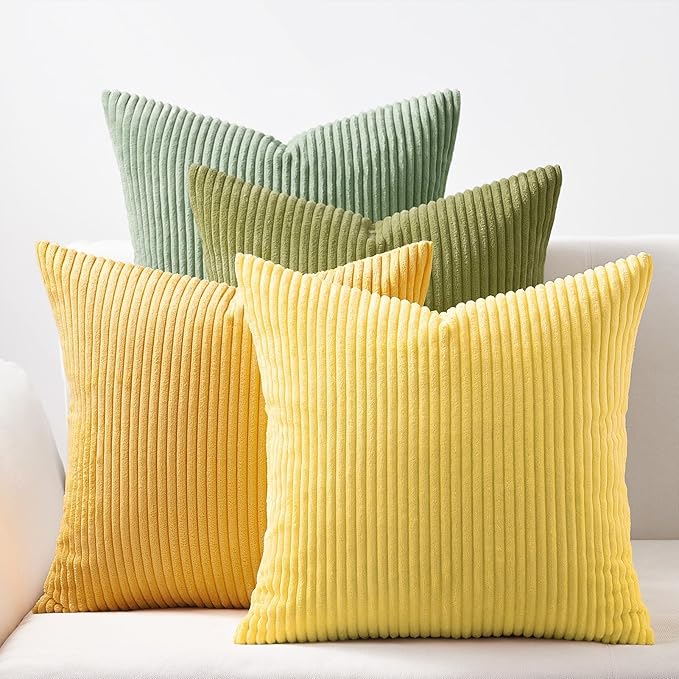 Topfinel 20x20 Oversized Throw Pillows Covers Set of 4 Euro Shams,Farmhouse Yellow Green Mix and Match Cushion Cases,Corduroy Striped Accent Pillows for Vanilla Girl Room Decor